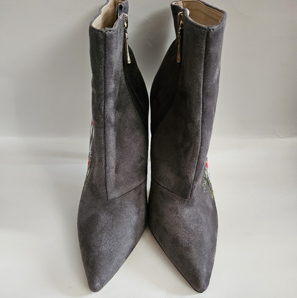 BEBE Grey Floral Embroidered Faux Suede Ankle Stilletto Heels - Picture 3 of 12